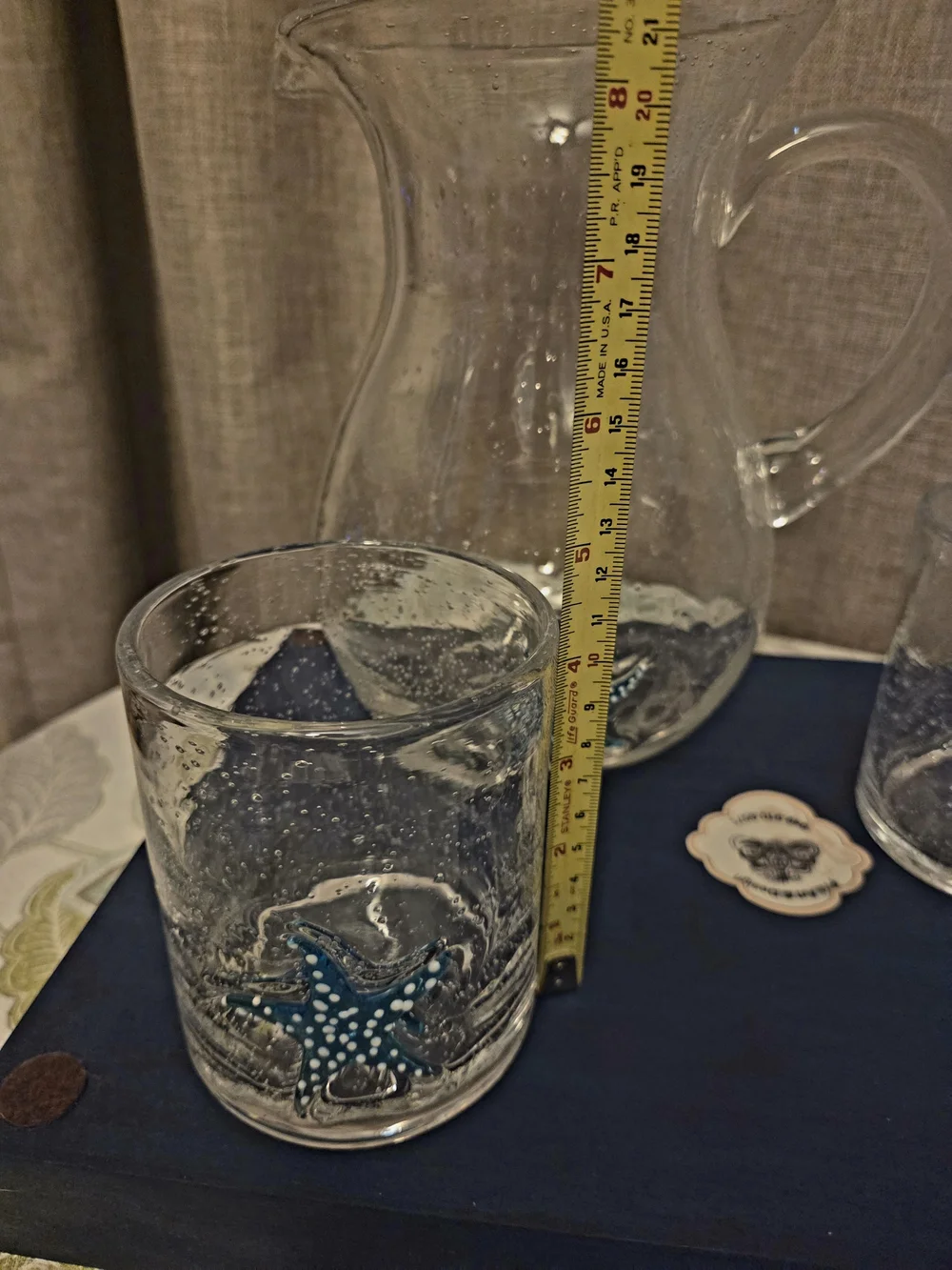HANDBLOWN GLASS AQUA STARFISH PITCHER & TUMBLERS